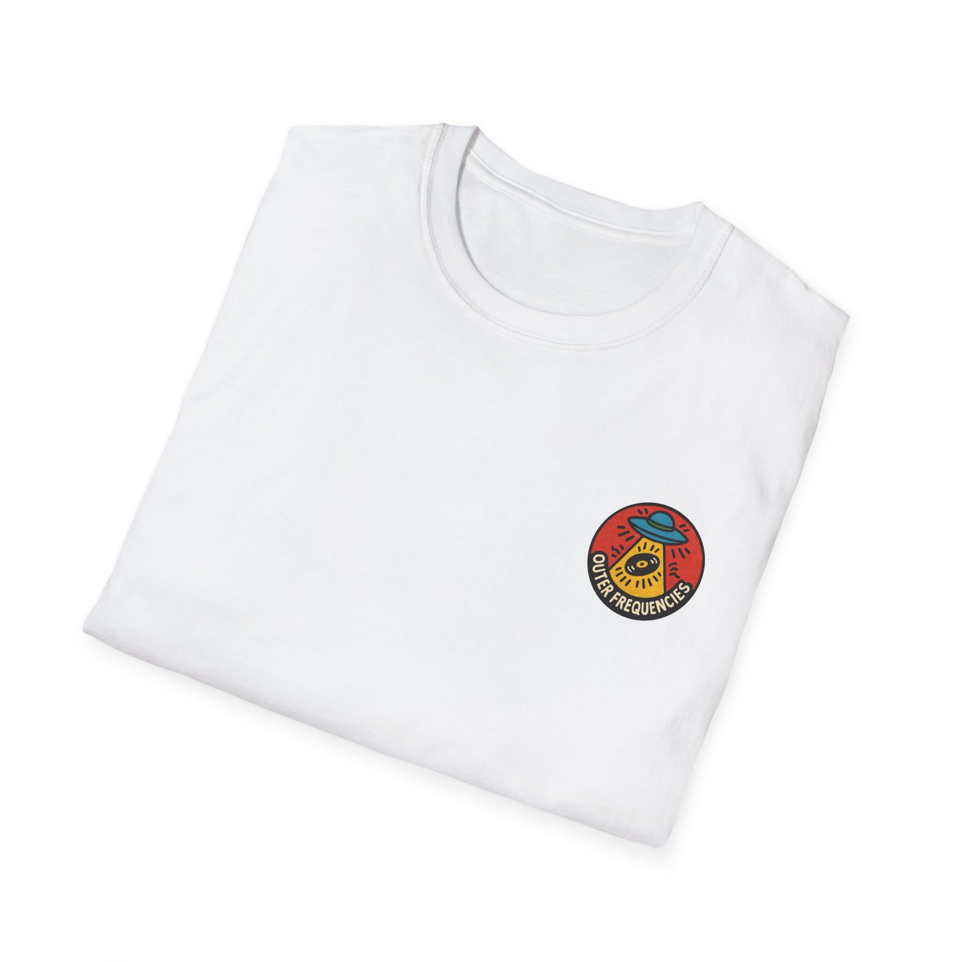 White t-shirt with a colorful logo on a white background
