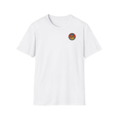 White t-shirt with a colorful logo on a white background