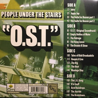 Back cover for 'O.S.T.' by People Under the Stairs with tracklist on the right.