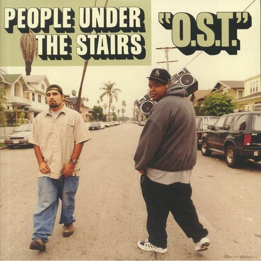 Album cover for 'O.S.T.' by People Under The Stairs with two individuals on a street.