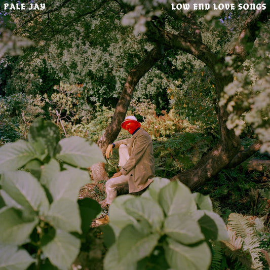 Cover art for Pale Jay - Low End Love Songs featuring a man in a red ski mask sitting in the middle of a lush park with green trees and foliage.