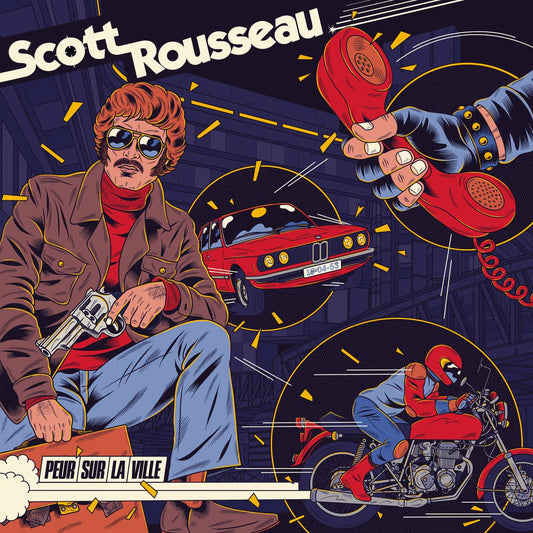 Illustrated album cover with a man, car, motorcycle, and red phone, featuring the text 'Scott Rousseau' and 'Peur Sur La Ville'.