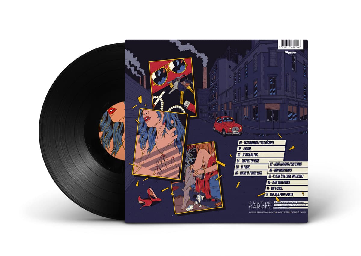 Vinyl record with colorful cover featuring artistic illustrations on a white background