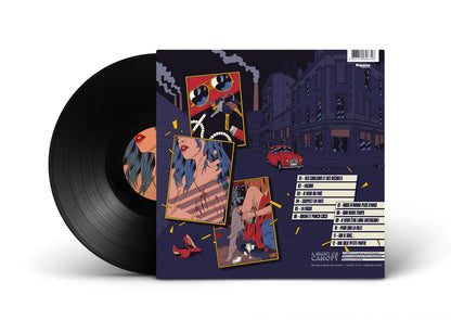 Vinyl record with colorful cover featuring artistic illustrations on a white background