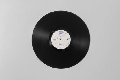 Close up of black vinyl for Phi-Sonics - Expanding as one, with a white label and blue text.