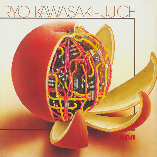 Cover of Ryo Kawasaki's Juice LP – jazz-funk fusion classic originally released in 1976, reissued on black vinyl by Mr Bongo