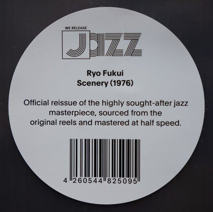 Hype sitcker for Ryo Fukui’s Scenery – classic Japanese jazz reissue on 180g vinyl, featuring half-speed mastering and deluxe tip-on gatefold sleeve