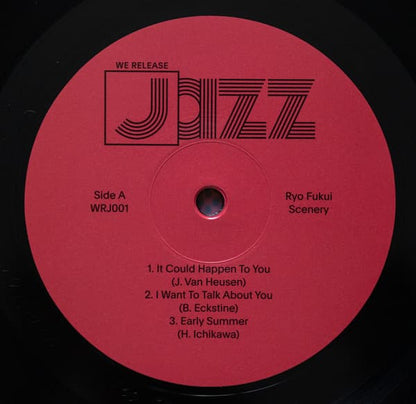 Side A vinyl sticker with track listing for Ryo Fukui’s Scenery – classic Japanese jazz reissue on 180g vinyl, featuring half-speed mastering and deluxe tip-on gatefold sleeve