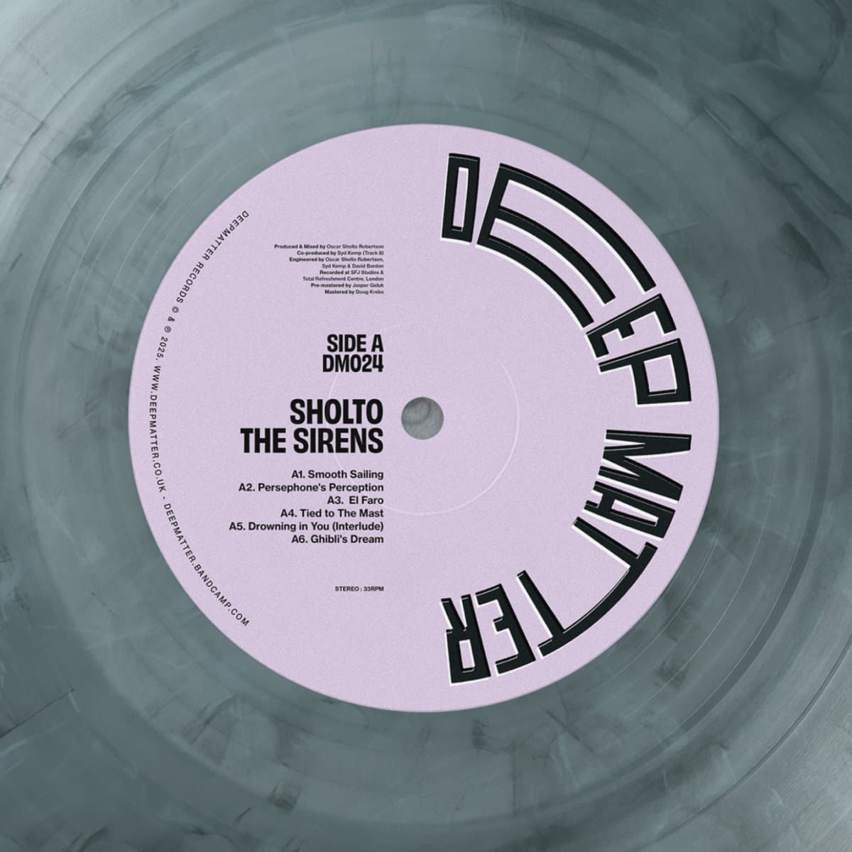 Vinyl record with a pink label displaying tracklist and album details.