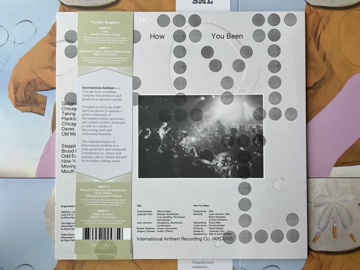 Backside album cover for SML - How You Been with a black and white photo of a band on stage, surrounded by circular patterns and text.