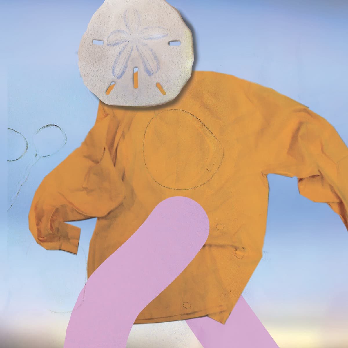 Cover art for SML - How You Been, showing collage art of a person wearing a mustard yellow raincoat with a sand dollar-shaped head on a blue background