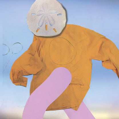 Cover art for SML - How You Been, showing collage art of a person wearing a mustard yellow raincoat with a sand dollar-shaped head on a blue background