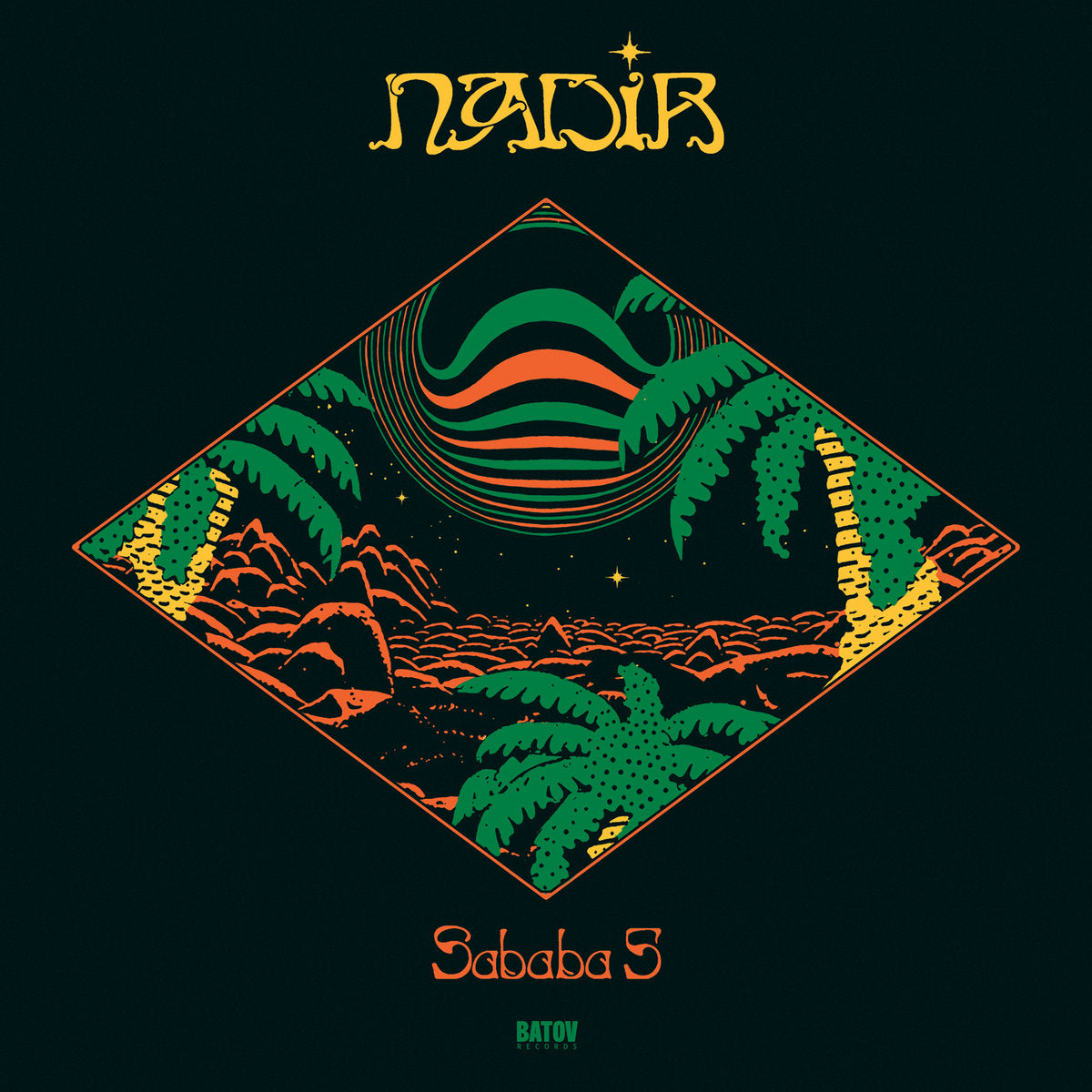 Cover art for Sababa 5 - Nadir, featuring a vibrant drawing of palm trees and desert against a black background with the words "Sababa 5" and "Nadir" in orange and yellow writing.