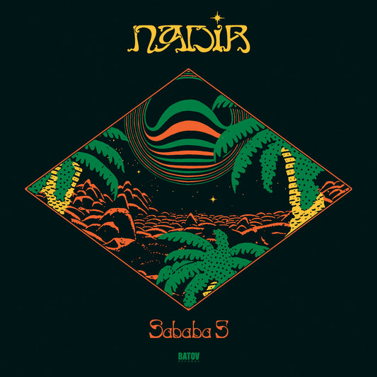 Cover art for Sababa 5 - Nadir, featuring a vibrant drawing of palm trees and desert against a black background with the words "Sababa 5" and "Nadir" in orange and yellow writing.
