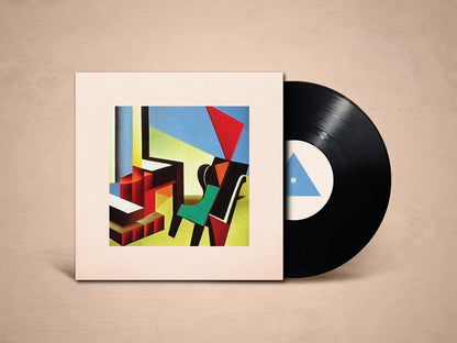 Vinyl record with a colorful cover on a beige background