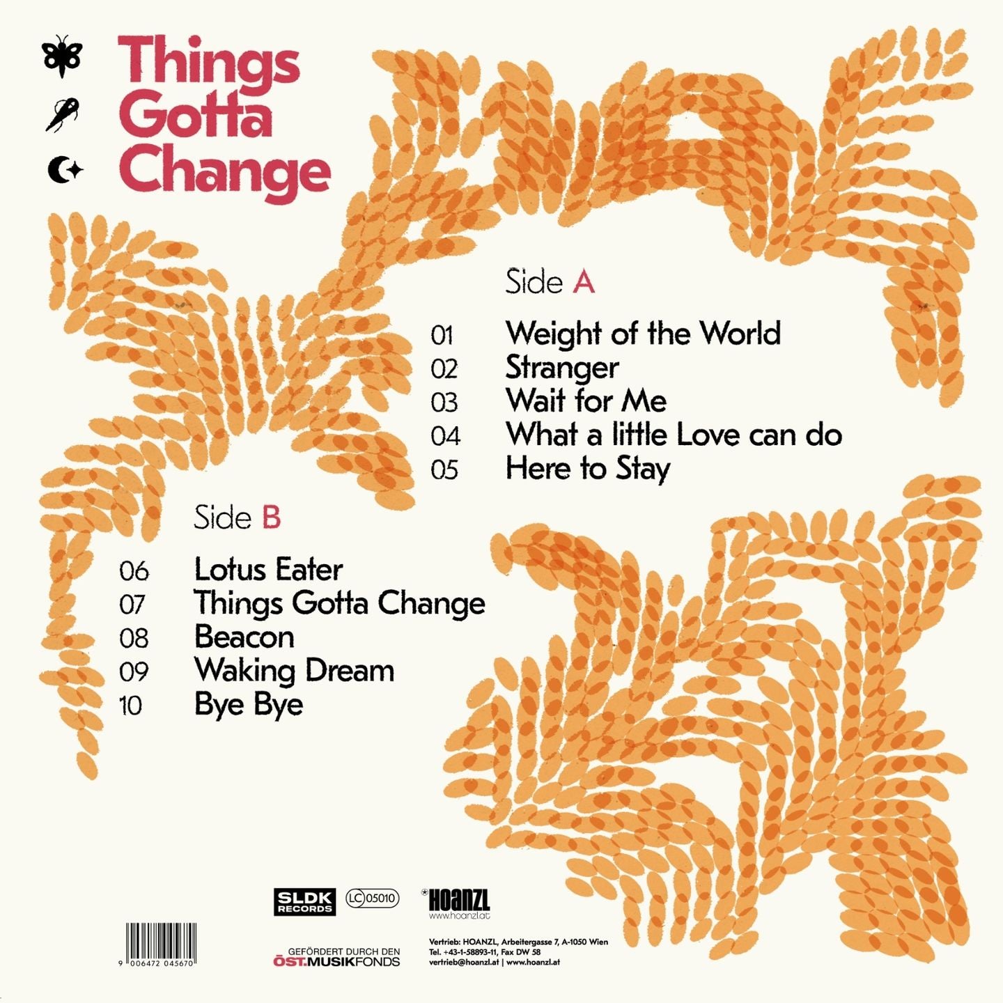 Album cover for 'Things Gotta Change' with orange abstract patterns and track listing.