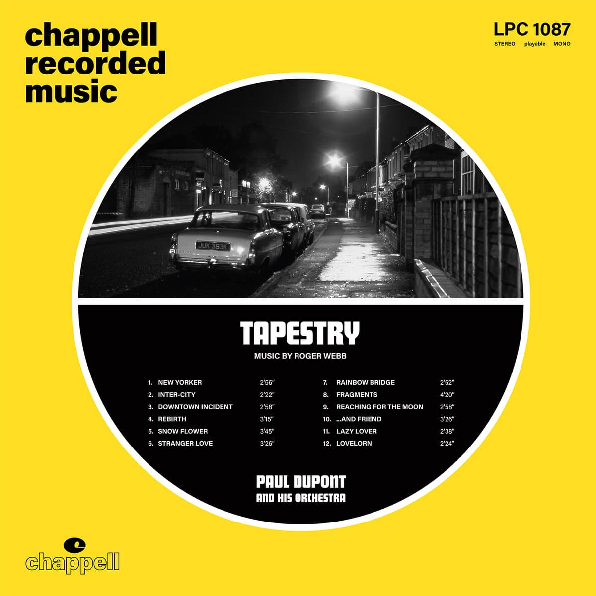 Album cover for 'Tapestry' by Paul Duport and his Orchestra with a yellow background and black and white photo of a street scene.