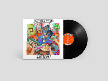 Vinyl record and cover with colorful artwork on a light gray background