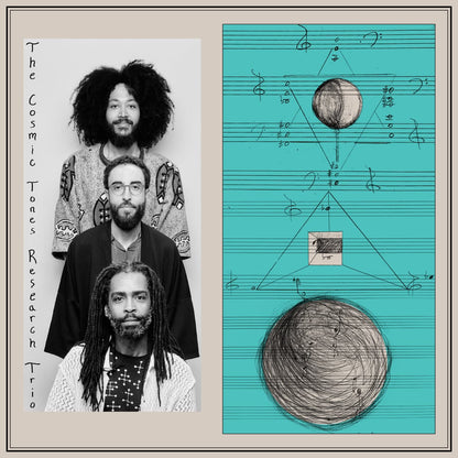 Cover art for Cosmic Tones Research Trio, featuring a black and white photo of the three band members next to a cosmic design in turquoise. 