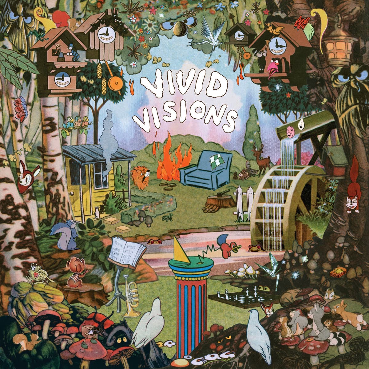 Cover art for Vivid Vision by The Expert, featuring colorful illustration with various elements like a clock, trees, and animals, featuring the text 'Vivid Visions'.