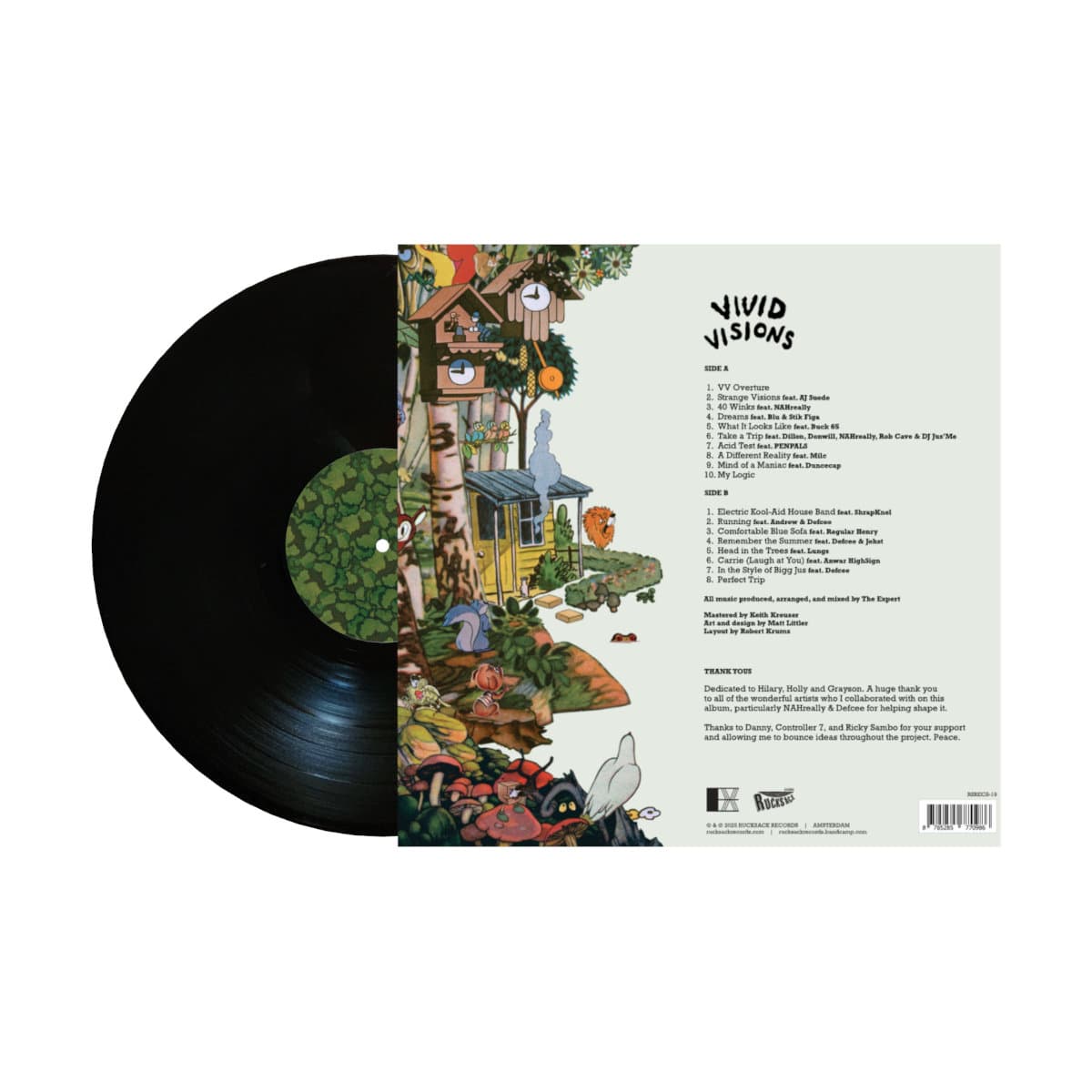 Vinyl record with colorful sleeve featuring a treehouse illustration on a white background