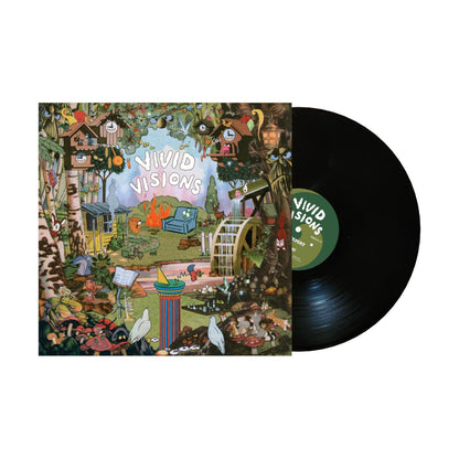 Vinyl record with a colorful cover featuring 'Vivid Visions' on a white background