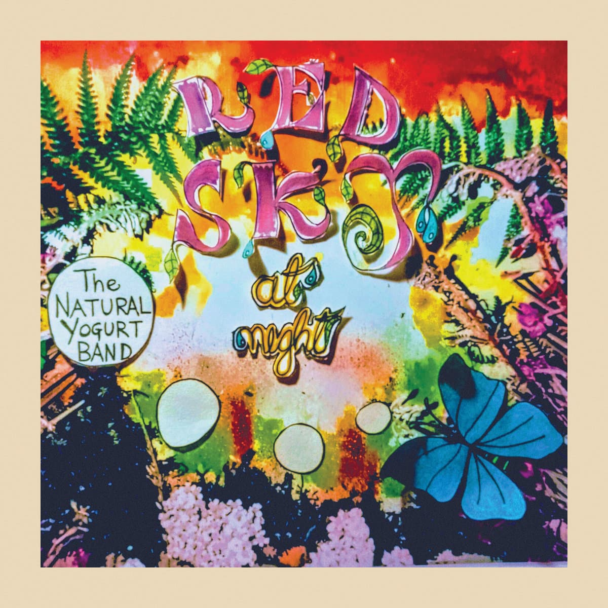 Cover art for The Natural Yogurt Band - Red Sky At Night, featuring a vibrant water color painting with a blue butterfly and various floral elements.
