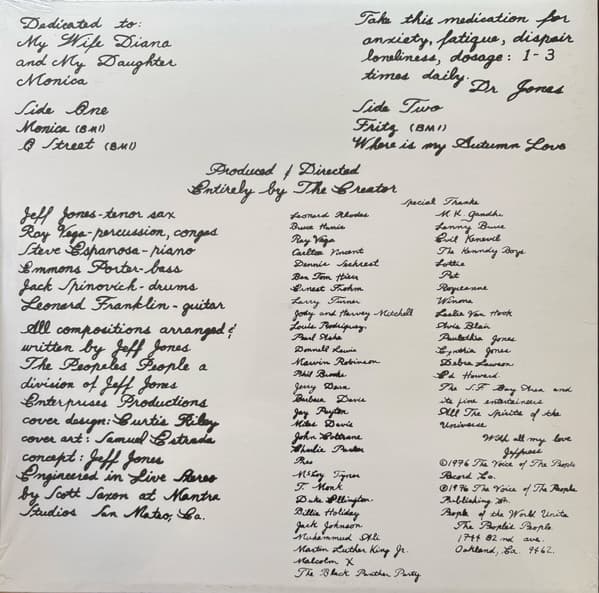 Back cover for The People's People - The People's People Present The Spirit of David with tracklist and dedications in cursive writing.