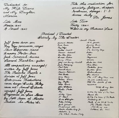 Back cover for The People's People - The People's People Present The Spirit of David with tracklist and dedications in cursive writing.