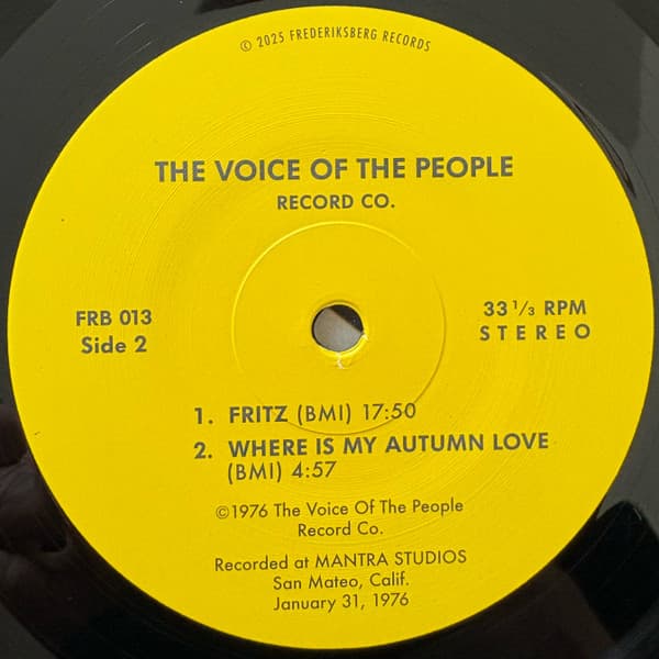 Vinyl record label for 'The Voice of the People Record Co.' with track listing and production details.