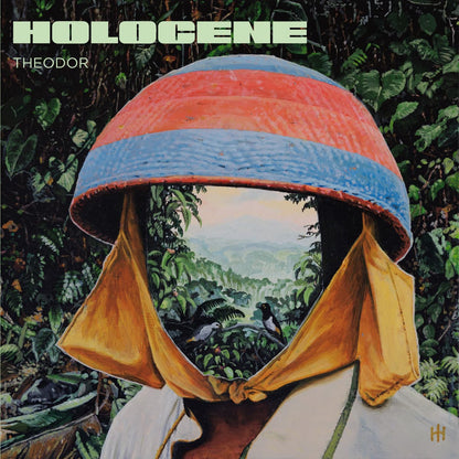 Album cover for Theodor - Holocene, featuring a person wearing a colorful hat and headscarf, with a forest scene painted on their face.