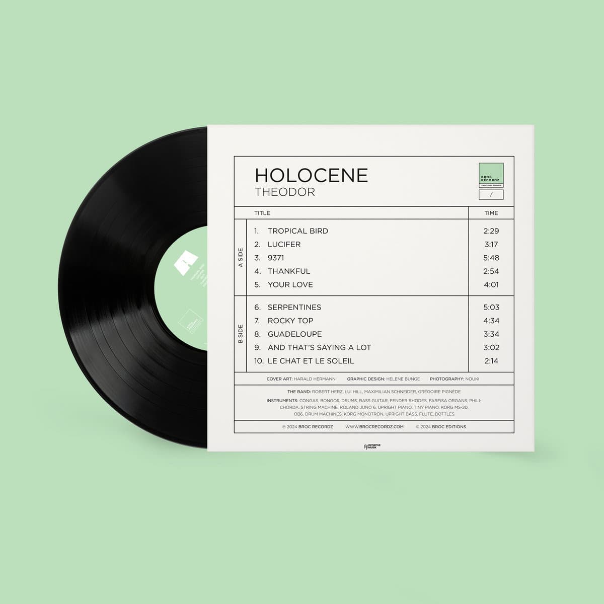 Vinyl record for Theodor - Holocene with a white label on a light green background