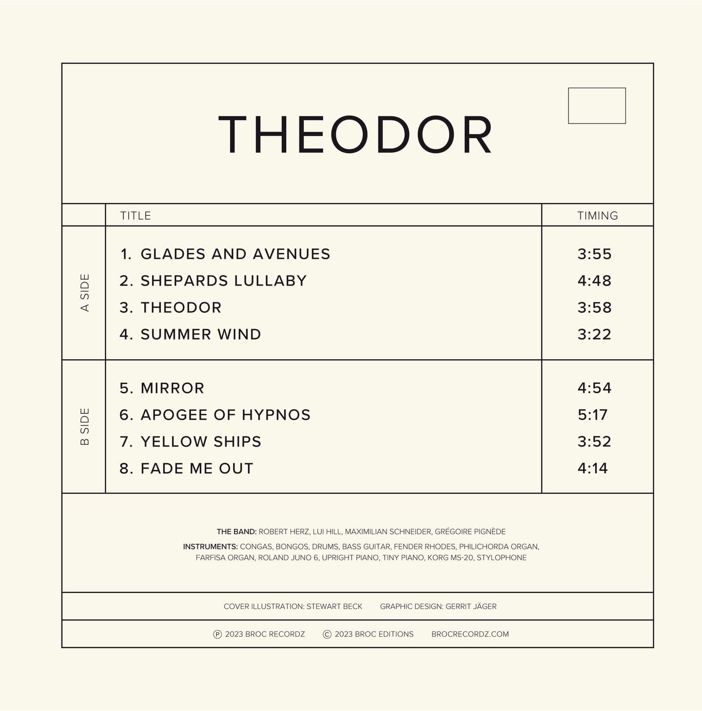 Album tracklist for Theodor - Theodor, with title 'THEODOR' and track details on a white background