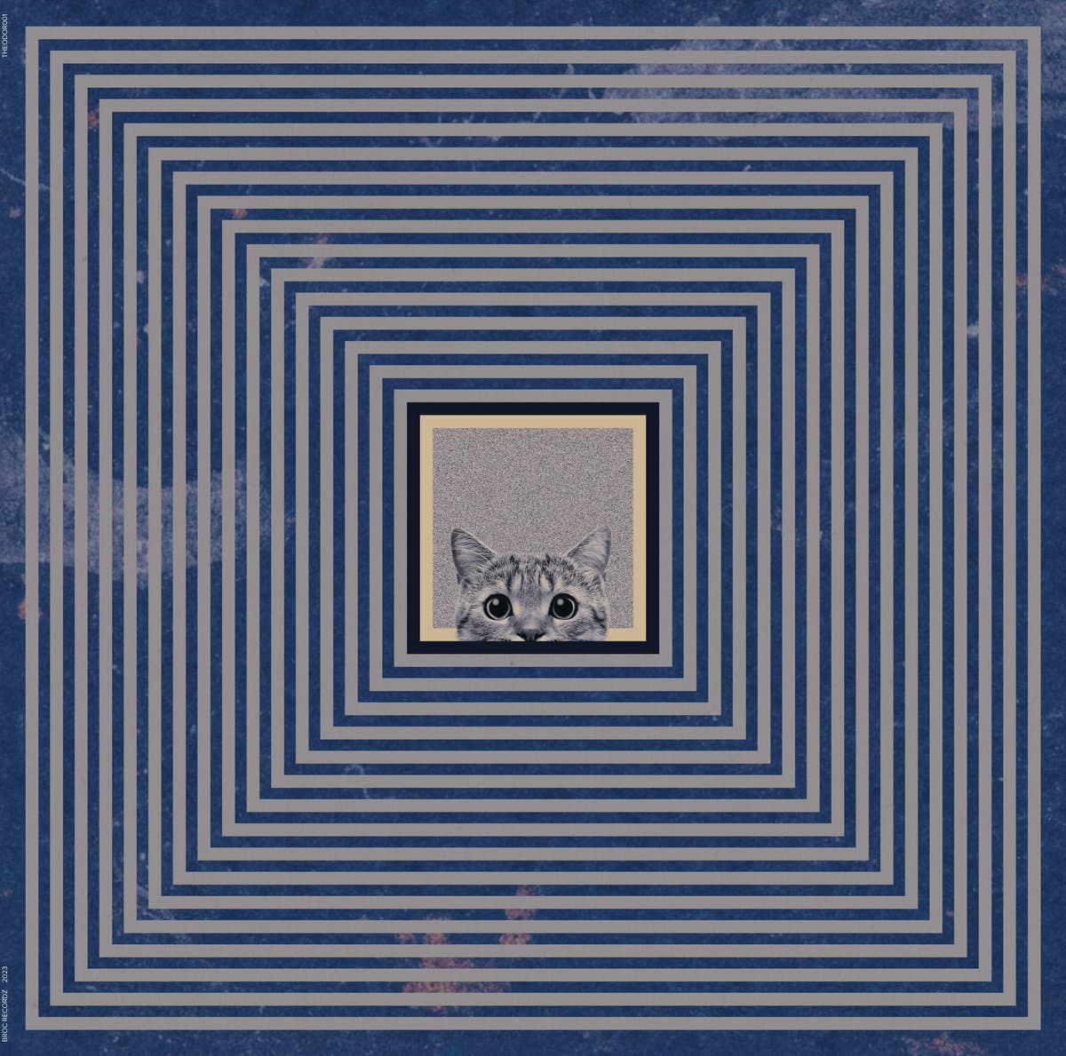 Cover art for Theodor - Theodor, featuring a cat's face peeking out from a square within concentric squares on a blue background