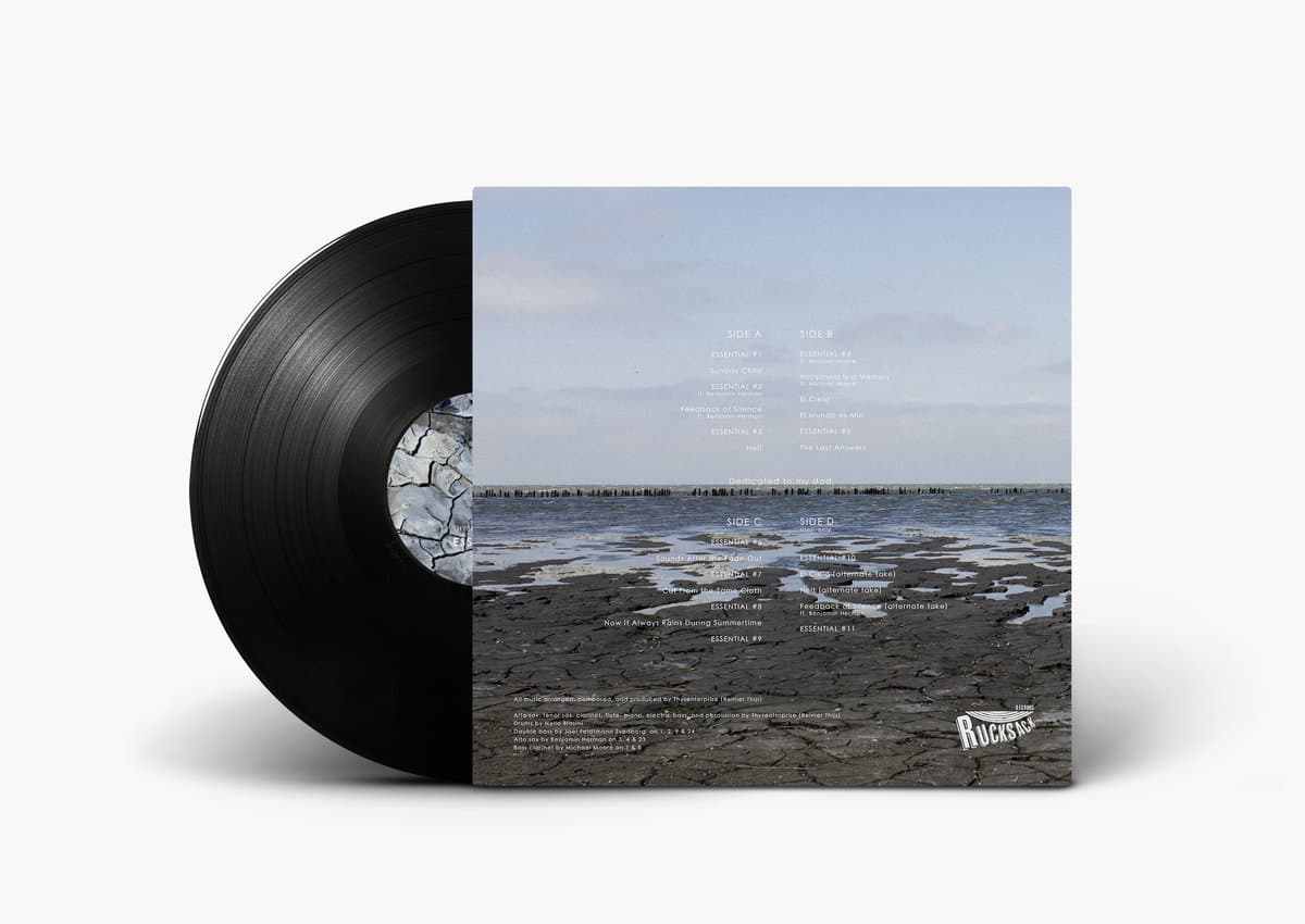 Back of vinyl record and sleeve for Thysenterprise - Essential with a scenic cover featuring a beach and sky.