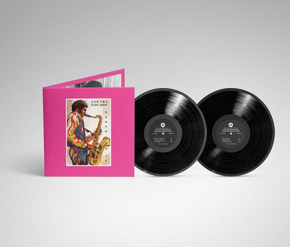 Vinyl records for Tilay Gebre - Tilaye's Saxophone With The Dahlak Band with a pink cover featuring an illustration of a saxophonist on a gray background