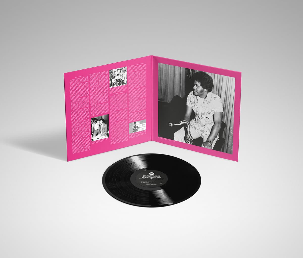 Vinyl record for Tilay Gebre - Tilaye's Saxophone With The Dahlak Band with a pink cover featuring black and white photos on a gray background