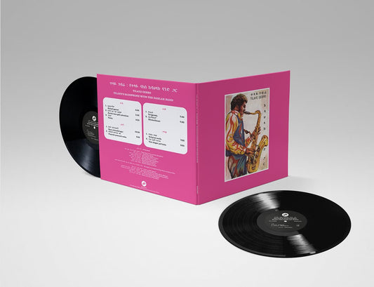 Vinyl records for Tilay Gebre - Tilaye's Saxophone With The Dahlak Band with a pink inner sleeve featuring a cover illustration on a gray background