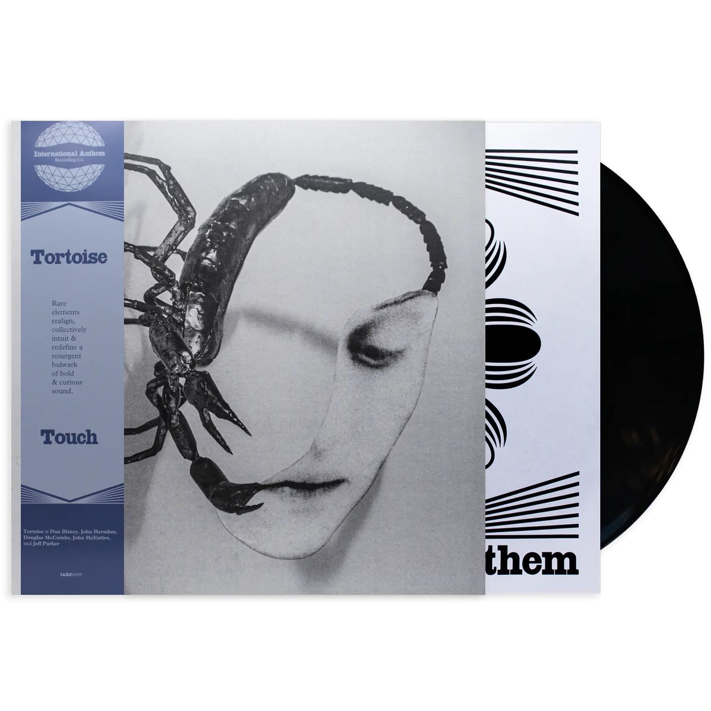 Cover art and vinyl for Cover art for Tortoise - Touch featuring a black and white pencil sketch of a face and a scorpion, and black vinyl record against a white background.