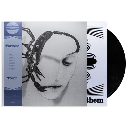 Cover art and vinyl for Cover art for Tortoise - Touch featuring a black and white pencil sketch of a face and a scorpion, and black vinyl record against a white background.