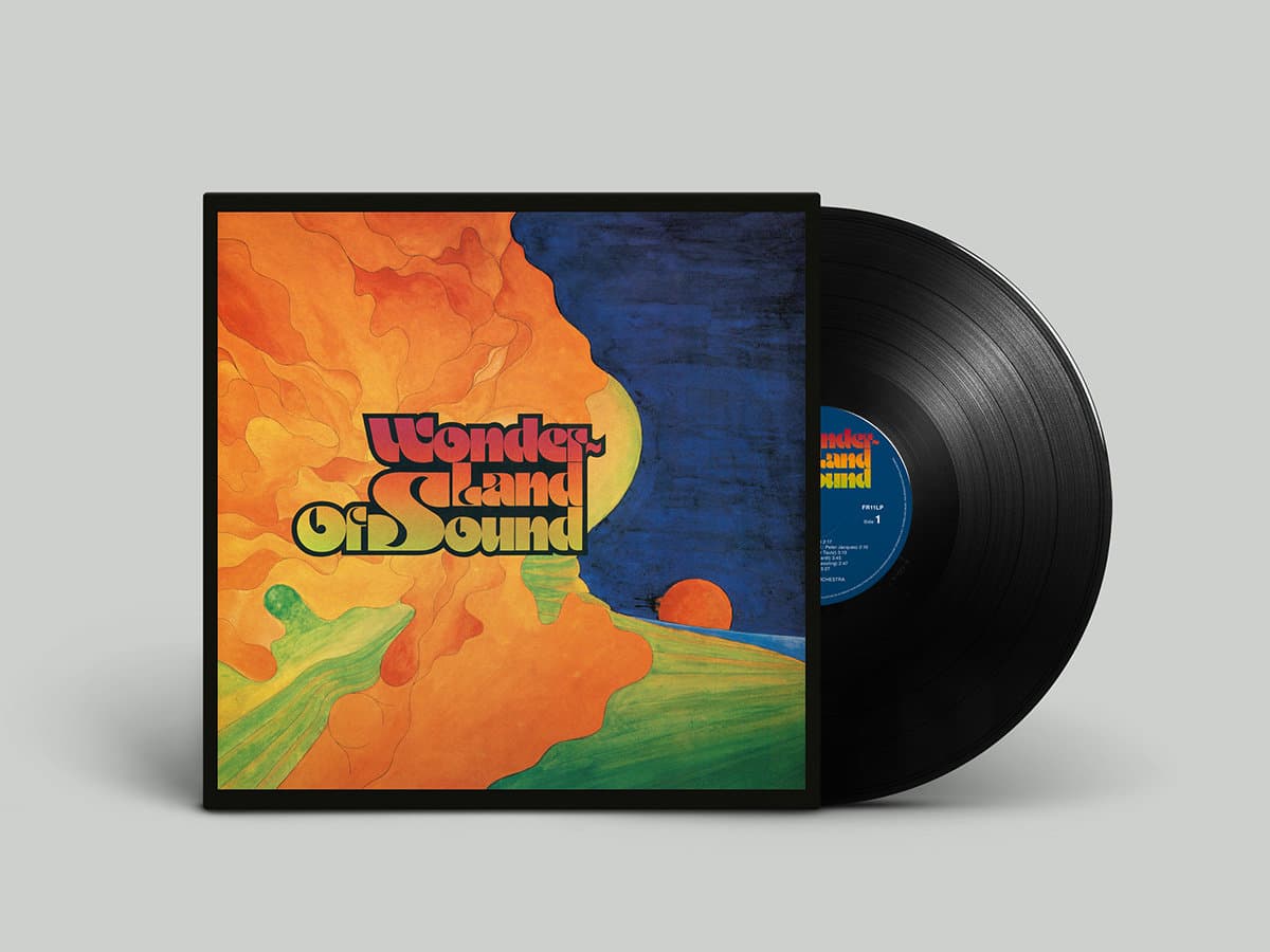 Vinyl record with colorful cover featuring 'Wonderland of Sound' text on a gray background