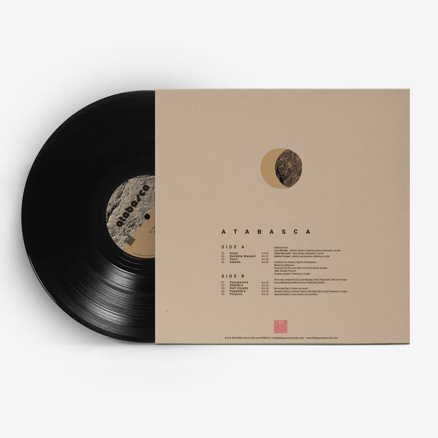 Vinyl record with a beige sleeve on a white background