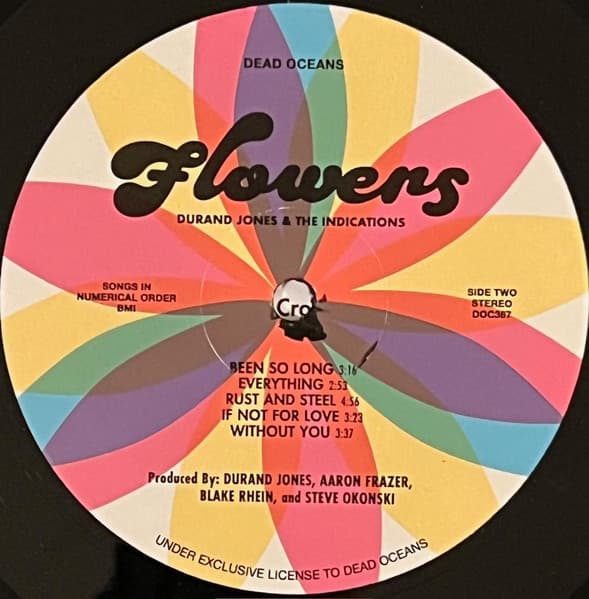 Colorful vinyl record label with text and music track details