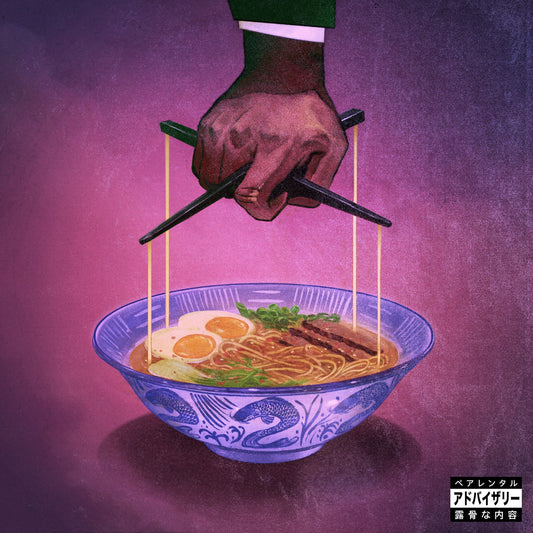 Cover art for Freddie Gibbs & The Alchemist - Alfredo 2 vinyl, depicting a bowl of ramen with a hand holding chopsticks against a purple background