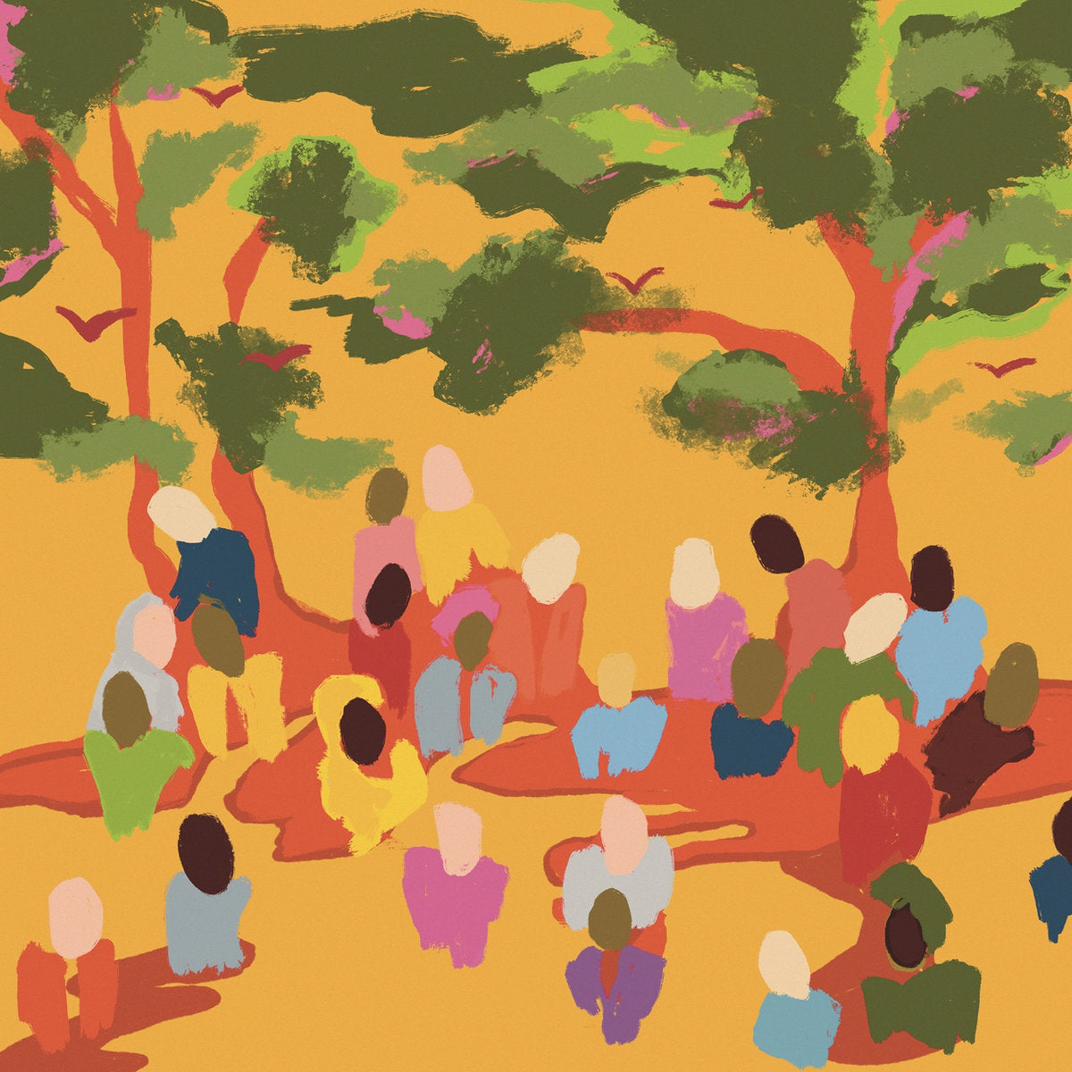 Illustration of people sitting under trees with a colorful background