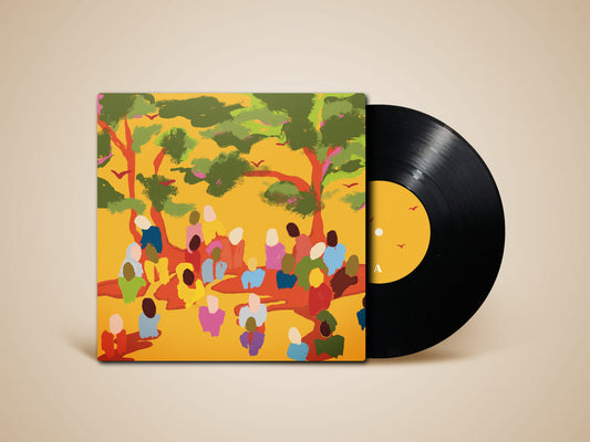 Vinyl record with a colorful cover featuring people and trees on a beige background