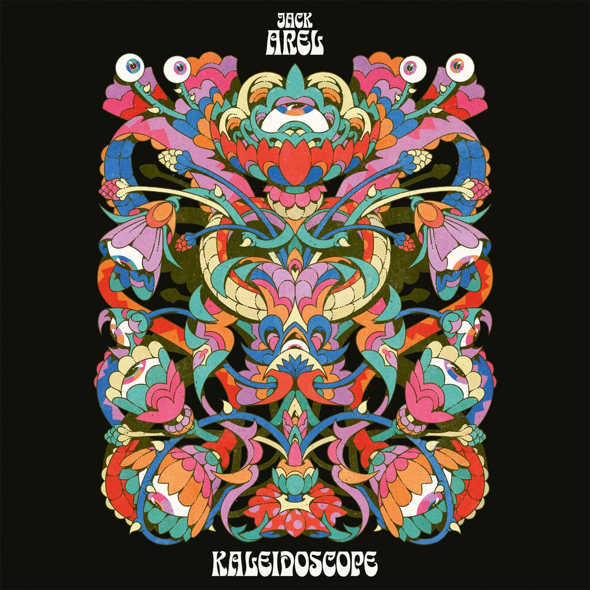 Colorful abstract design with 'Jack Ariel' and 'Kaleidoscope' text on a black background