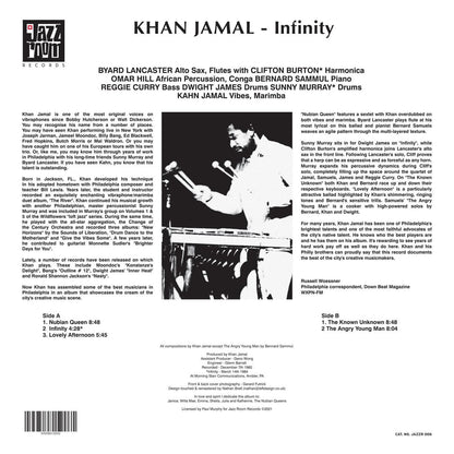 Back cover art and track list for Khan Jamal - Infinity, with liner notes and track list in black text on a white background.