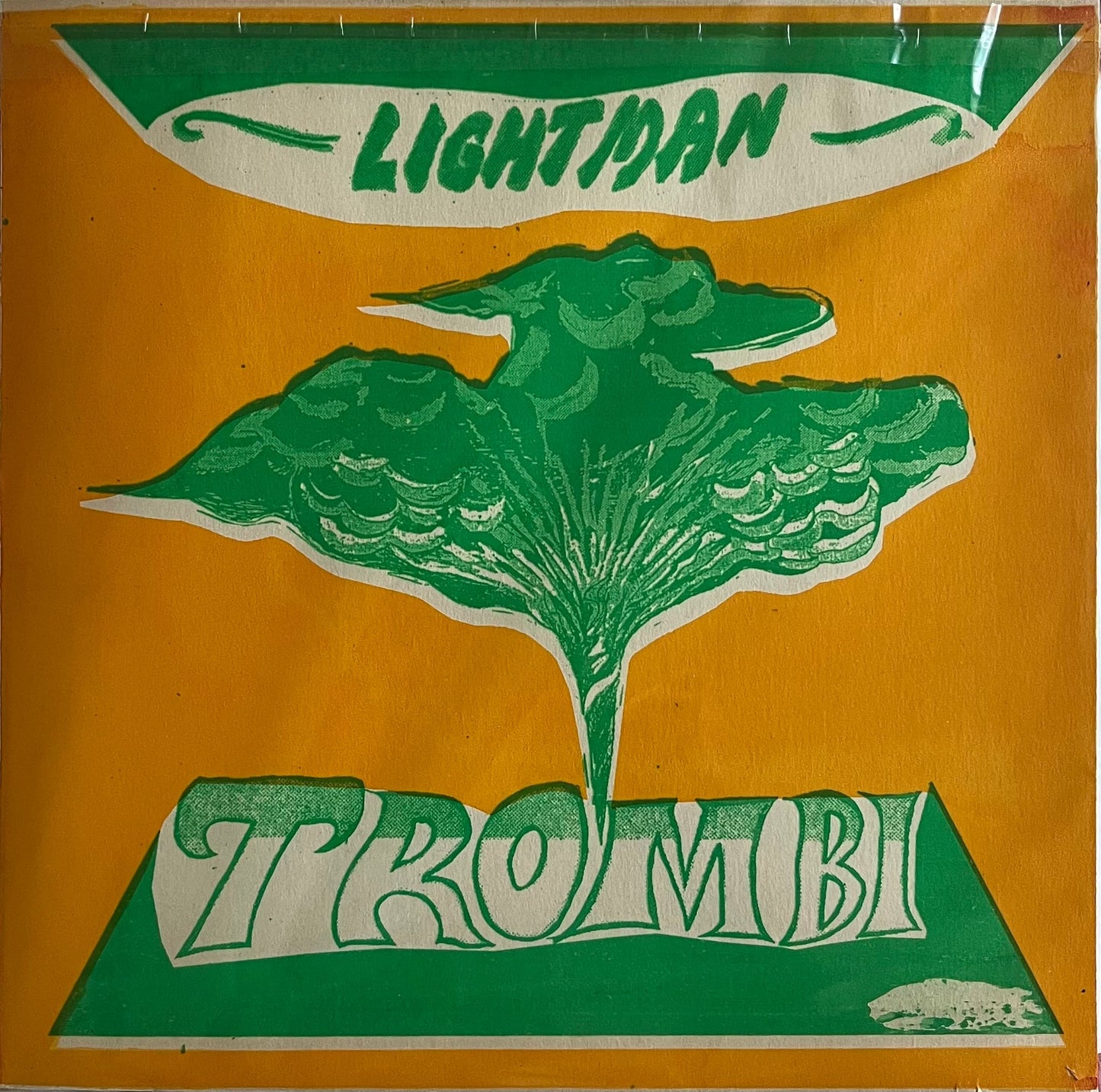Vinyl album cover with green tree graphic and 'Lightman Trombi' text on a yellow background