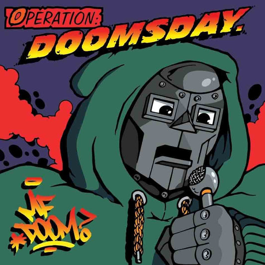 Character in a green hood and metallic suit with 'Operation: Doomsday' text on a colorful background